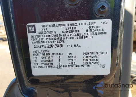 2003 Chevrolet Avalanche 1500 from USA, damaged, VIN 3GNEK13T23G185400